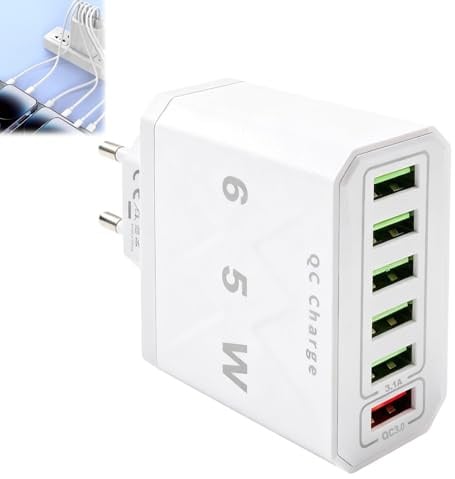 Cargador USB Múltiple 65W con 6 Puertos, 1 QC 3.0 y 5 Puertos USB-A 5V/3.1A | Cargador Móvil Carga Rápida para iPhone 15 14/13/12/11, S24/S23/S22, iPad, Tablet y Otros Dispositivos