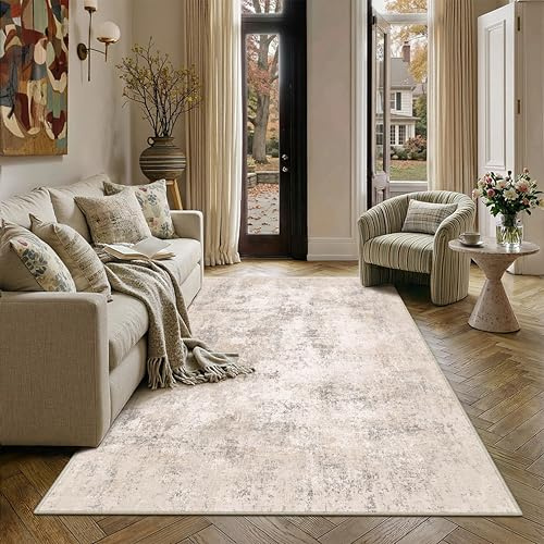 PureCozy Teppich Wohnzimmer 160x230cm Creme Abstrakt Waschbarer Teppiche | Weicher Kurzflor Carpet, Rutschfest, Leicht, Schlafzimmer, Esszimmer, Büro, Wohnbereich, Kinderzimmer