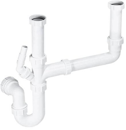 Belofay Double Bowl Sink Waste Kit – Multi-Fit Under Sinks Drain System with 75mm Water Seal – P-Trap Plumbing Set, Durable Kitchen Sink Waste Kit – BS EN 247-1:2002 Water Seal