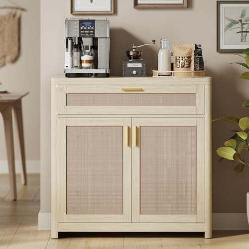 VASAGLE Küchenschrank, Sideboard Boho-Stil, Türen in Rattan-Optik | Aufbewahrungsschrank, abgerundete Ecken, verstellbare Ablage, Schublade, Küche, naturbeige, ELLAN Kollektion BBK601LC01