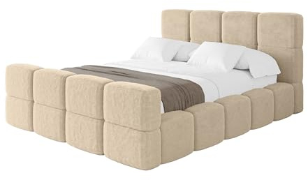 ALTDECOR Polsterbett mit Bettkasten und Lattenrost, Bett mit Matratze H3/H4, Kopfteil, Boxbett, Doppelbett mit Stauraum - NATA-Z 140x200 Creme