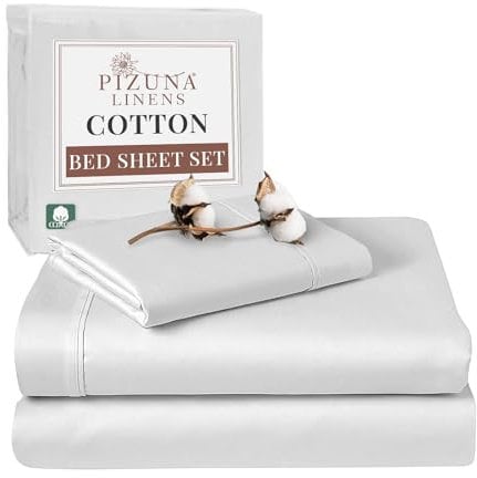 Pizuna 100% Cotton Single Bed Sheet Set White, 400 Thead Count Long Staple Cotton Bedding Set 180x280 cm, Soft Sateen 3 PC Single Bed Sheet Set - Fitted Sheet, Flat Sheet & 1 Pillowcase