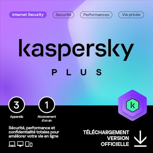 Kaspersky Plus Internet Security 2026 | 3 appareils | 1 an | Anti-Phishing et Pare-feu | VPN illimité | Gestionnaire de mots de passe | Protection bancaire| PC/Mac/Mobile | Code d'activation par email