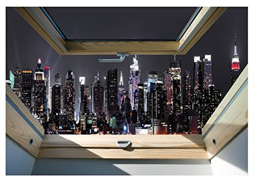 Forwall Fototapete Fenster New York 3D Effekt Stadt Nacht Ilussion Optik Wohnzimmer Schlafzimmer Vlies Tapete Wandtapete UV-Beständig Montagefertig (10417, V8 (368x254 cm) 4 Bahnen)