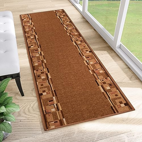 TAPISO Anti Rutsch Teppich Läufer rutschfest Brücke Meterware Modern Hellbraun Braun Vierecke Figuren Design Flur Küche Wohnzimmer 67 x 1200 cm