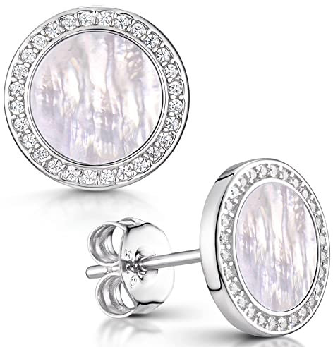 MATERIA Perlmutt Schmuck Ohrringe weiß - 925 Silber Ohrstecker Damen rund flach mit Muschel Zirkonia in Box SO-394-Muschel