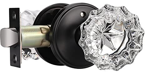 KNOBWELL Modern Round Crystal Door Knobs with Lock, Frosted Glass Door Knobs Interior, Privacy Function for Bed and Bath, Matte Black Door Lock
