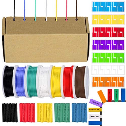 Youmile 24AWG Hook up Wire Kit 24 Gauge Silicone Wire 300V 7 Color 10m/33ft Each Stranded Tinned Copper Electrical Wire Assortment Kit with 50PCS Heat Shrink, 70PCS Wire Labels