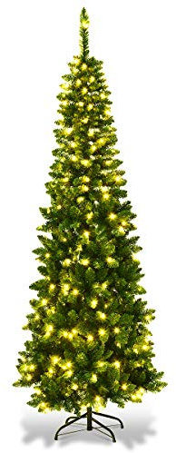 COSTWAY 200 cm Arbol de Navidad Slim/Estrecho con 250 Luces LED, Blanco Cálido, Agujas en PVC de 708 Ramas, arbol de Navidad con Luces Incorporadas, Arvore de Natal Hogar Fiesta Interior (200 cm)