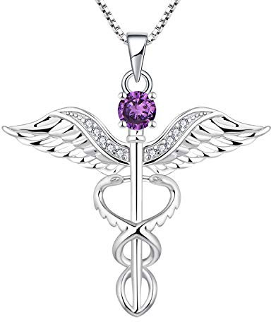 YL Krankenschwester Kette 925 Sterling Silber Schliff Februar Geburtsstein Amethyst Engelsflügel Caduceus RN registrierte Anhänger pour Femme Infirmière