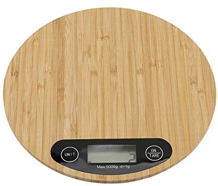 Küchenskala, 2 * AAA 5kg/1g Batterie Bambus Runde Elektrische Küchenwaage LED Anzeige, Digitale Küchenwaage für Kochküche (Ohne Batterie)