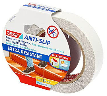 tesa® Anti-Rutschband Für Leiter & Treppe 5 m x 25 mm Transparent | Ideal Rutschfestes Klebeband Für Glatte Böden Anti-Slip Tape Innen & Außen | Wasserfest UV-Beständig Rutsch-Schutz Antirutschband