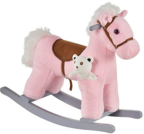 HOMCOM Caballito Balancín con Felpa con Osito de Peluche para Niños 18-36 Meses Caballo Mecedora Sonidos de Relincho y Galope Base de Madera Asiento 35 cm Carga 30 kg 65x26x55 cm Rosa