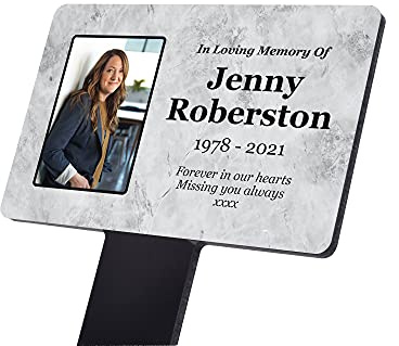 Personalisiertes Foto Gedenkgeschenk Grabschmuck Schild mit Pfahl Wählen Sie aus 3 Hintergründen Wasserdicht Gravur Trauergeschenke für Innen- und Außenbereich