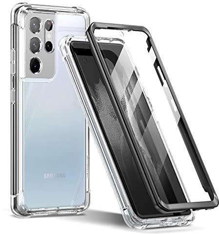 SURITCH für Samsung S21 Ultra Hülle Schutzhülle 360 Stoßfest Transparent Front Und Rückenschutz Handyhülle mit Kameraschutz TPU Bumper Eingebautem Displayschutz für Samsung Galaxy S21 Ultra- Schwarz