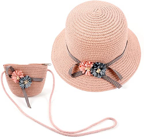 MAMUNU Sombrero y bolsa de sol para niñas, 2 gorras de paja, sombrero de playa y mini bolsa de hombro con flores, para niños, niñas, fiesta de té, vacaciones, picnic, Style02-Rosa, 4 Años
