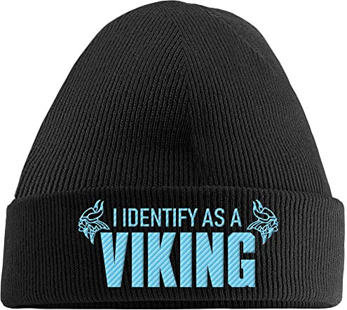 Hippowarehouse I Identify as a Viking Embroidered Beanie Hat Black with Baby Blue Stitch