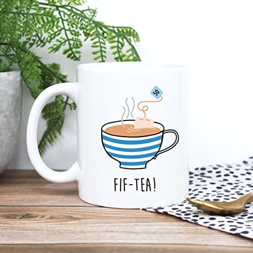 eBuyGB Printed Ceramic Coffee Mug -FIF-Tea Design - 350ml Tea Cup, 50th Milestone Birthday Gifts for Men, Him - Fiftieth Gift for Friend, Brother, Son, Dad, Husband, White