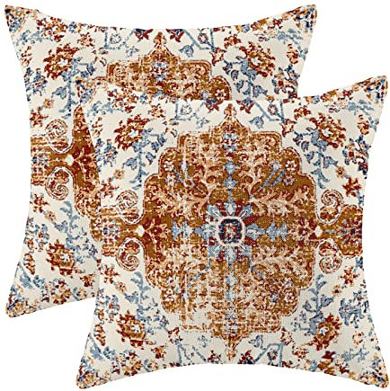 Boho-Kissenbezüge, 40,6 x 40,6 cm, 2 Stück, Senfgelb, Blau, ethnisches Design, quadratisch, Leinen, Bauernhaus-Dekor-Kissenbezüge für Zuhause, Sofa, Bett, Couch