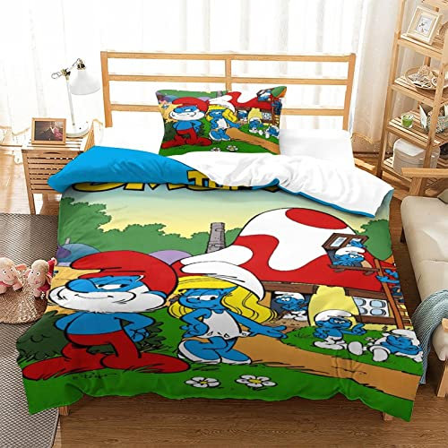 CIFEAR Smurfs Bettwäsche-Set, 3D Drucken Animation, Set Mit Kissenbezug Und Bettbezug, Bettwäsche, Zipper Öffnen Und Schließen, Geschenke Für Kinder Single（135x200cm）
