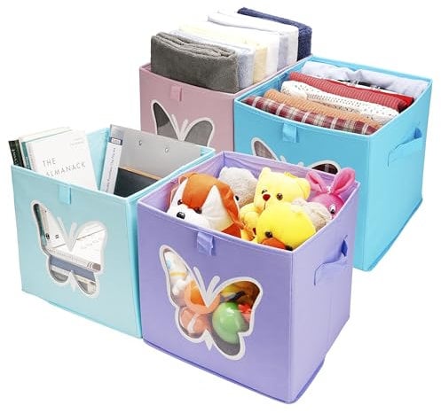 BELLE VOUS 4 Pack of Foldable Fabric Cube Storage Bins - 30 x 30 x 30cm/12 x 12 x 12 Inches - Collapsible Box Organisers with Handles & Window for Home, Closet & Bedroom Toy Storage