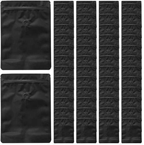 Ksrnsne 50Pcs Matt Aluminum Foil Coffee Valve Zipper Closure Bag Vertical Aluminum Foil Coffee Bean One-Way Exhaust Valve Bag Packaging Bag 250G Black