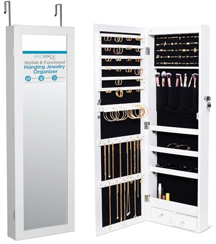 BirdRock Home Schmuckschrank mit Spiegel | große Kapazität | abschließbarer Schmuckschrank Organizer | Tür- oder Wandspiegel mit Schmuckaufbewahrung, weiß
