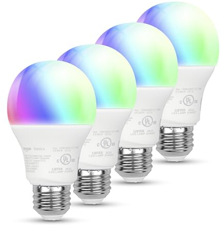 Amazon Basics Smart A19 LED Light Bulb, Color Changing, 9W (60W Equivalent), 800LM, Works with Alexa Only, 2.4 GHz Wi-Fi, No Hub Required, Energy Saving, 4-Pack