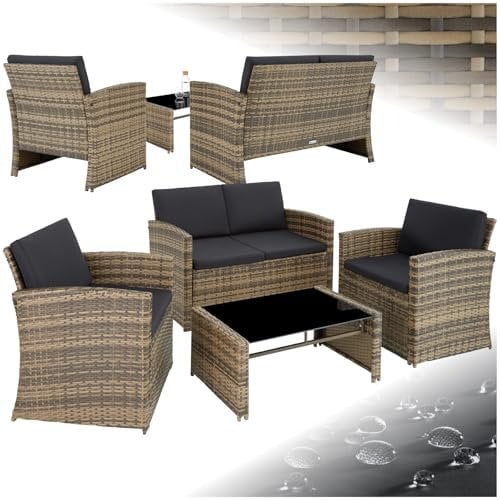 TecTake® Rattan Garden Lounge Set, Chic Design, 2 seater sofa, 2 Armchairs and 1 Table with Removable Glass Top, Comfortable Seat and Back Cushions, for garden, patio, balcony - natural