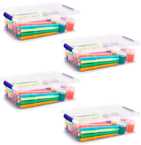 ACAN Tradineur - Pack de 4 cajas de almacenaje de plástico transparente, 2 litros, minicajas de ordenación apilables con tapa 7,5 x 25,5 x 16,8 cm, cierre a presión, fabricadas en España