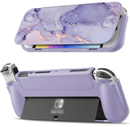 FINTIE Flip Case for Nintendo Switch OLED Model - [Screen Safe] Slim Protective Soft TPU Shell with Magnetically Detachable Front Cover & Ergonomic Grip for Switch OLED Model 2021 (Lilac Marble)