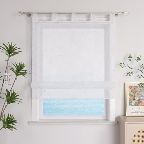 ESLIR Raffrollo mit Schlaufen Modern Gardinen Küche Bestickt Raffgardinen Voile Transparent Schlaufenrollo mit Stickerei in Kreis-Muster Grau BxH 120x140cm 1 Stück