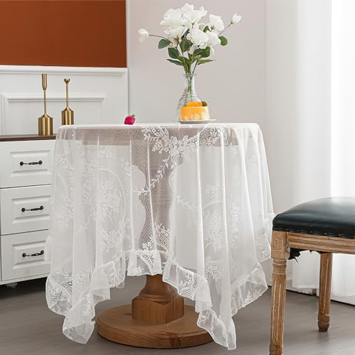 Weiß Spitze Quadratisch Tischdecke mit floralem Muster, Vintage Overlay Rüschen Tischtuch, französische rustikale bestickte Tischdecke für Hochzeit Party Bankett Empfang, 140x140cm