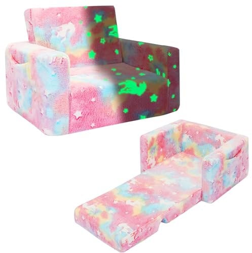 SLIGUY Kleinkind-Couch, ausklappbares Kinder-Sofa, Kleinkind-Sofa zu Liege, ausziehbar, leuchtet im Dunkeln, Geschenke für Jungen und Mädchen (rosa Einhorn)