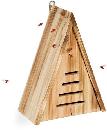 Relaxdays Marienkäferhaus, Marienkäferhotel Garten, zum Aufhängen, Holz unbehandelt, Insektenhotel Marienkäfer, braun, Geflammt, 1 Stück