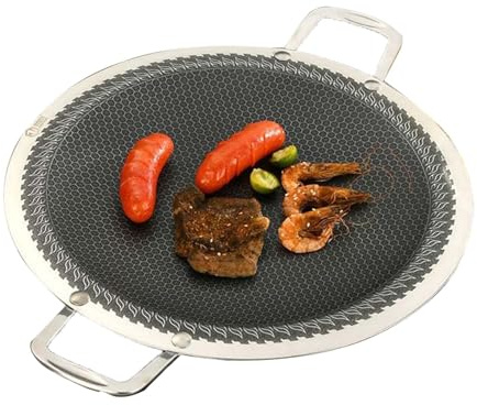 PTATT 316 Stainless Steel BBQ Grill Pan,Korean Traditional Grill Pan with Nonstick Coating,Outdoor Camping Thickened Barbecue Grill Pan,Versatile Round Skillet for Meats,P Silver Grey