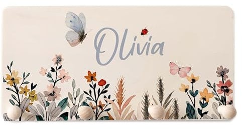 Kidsmood Kindergarderobe Personalisiert mit Namen, Kinderzimmer Möbel aus robustem Holz, Garderobenleiste Kinder, Baby Garderobe für Babyzimmer mit 4 Kleiderhaken Wand-Montage [40x20x1,5 cm]