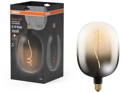 Osram Vintage 1906 Big Oval ist eine warmweiße LED-Lampe mit Filament mit besonderer Kolbenform. Sie bietet 4.5 W für 150 lm, E27 Fassung, Smoke Design, 170 mm Durchmesser, CRI 80, 1800 K.
