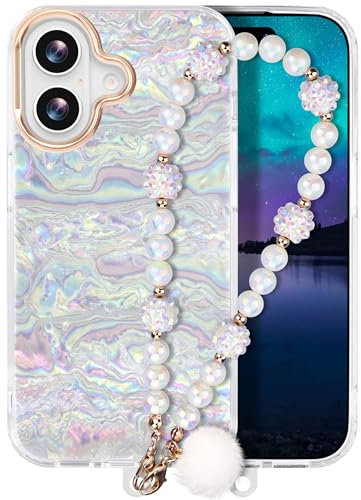 Compatible with iPhone 16 Plus Case for Women Girls, Glitter Cute Phone Case for iPhone 16 Plus with Pearl Phone Charm Lanyard Wrist Strap, Shockproof Hard Protective Case 6.7 Inch Shiny White