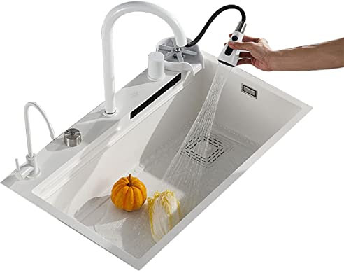 JXDWTL Fregadero de Cocina Nuevo Fregadero en Cascada Fregadero Individual Fregadero de Acero Inoxidable 304 Blanco con Grifo Oculto y Variedad de Accesorios