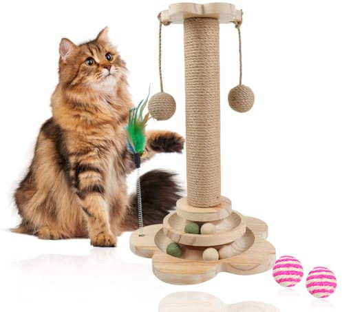 Griffoir pour Chat 40cm 5 en 1 avec Balle et Plume Suspendues, Arbre Jouet avec Corde en Sisal pour Chats d'Intérieur et Chatons