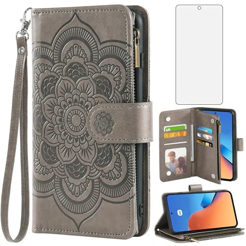 Asuwish Funda para Xiaomi Redmi 12 4G/5G con Cristal Templado Protector Pantalla Vidrio Pelicula Protectora Libro Cuero Piel Tarjetero Soporte Redmi12/Poco M6 Pro 5G Tapa Carcasa Movil Capa Case Gris