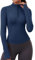 iWoo Sportshirt Damen Langarm Gym Top Funktionsshirt Atmungsaktiv Sport T-Shirt Laufjacke Half Zip Sweatshirt mit Halbem Reißverschluss und Daumenloch Marineblau XS