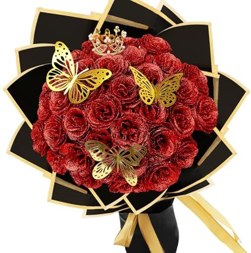 LARDUX 24 Stück Glitzer Rosen Blumenstrauß DIY Gefälschte Glitzer Rot Blumensträuße mit Krone für Geschenke Hochzeit Jubiläum Verlobung Geburtstag