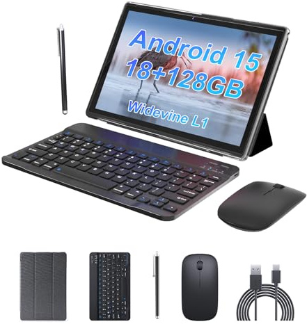 Android 15 Tablet 10 inch Tablet 2 IN 1 Tablets with Keyboard Mouse Case Stylus 18GB RAM 128GB ROM 2TB Expand, Android 15 Tableta 10.1 IPS 6000mAh Battery Bluetooth Dual Camera 5G WiFi-6 Tablets.