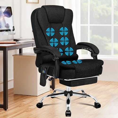 ALFORDSON Bürostuhl mit Massagefunktion, ergonomisches Design mit großer Sitzpolsterung, Lendenwirbelstütze, Rollen, für reibungslose Mobilität im Büro, Dunkelschwarz, Leinen Fabric