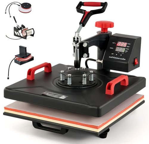 CREWORKS Presse à Chaud 38x38CM 5 en 1 Machine de Transfert à Chaleur Plateaux Pivotant à 360° Contrôle Numérique de Durée et Température avec Accessoires pour Tasse Chapeau Assiette Capuchon