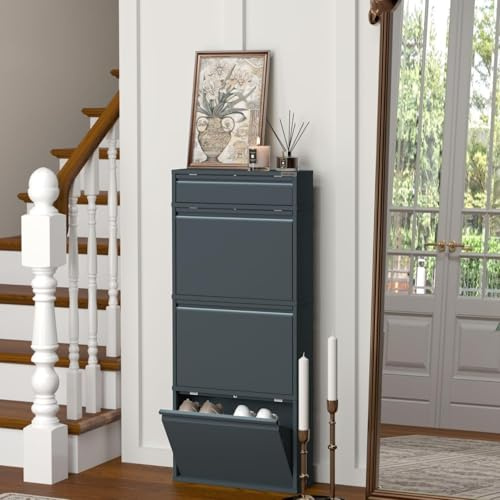 VEEHAUS Schuhregal, schmal, hoch, Schuhschrank, mit magnetischem Deckel, Wandmontage, aus Metall (Graublau, 3+1 Klappen)