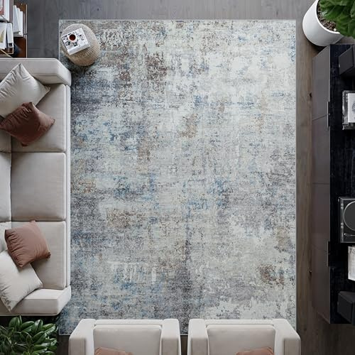 artyrugs Machine Washable Rug, 275x366cm, 75% Recycled Cotton, Short Pile, Non-Slip Backing, Non-Shedding, Suitable for Bedroom, Kitchen, Hallway, Office, Large, Atlantis Blue & Brown