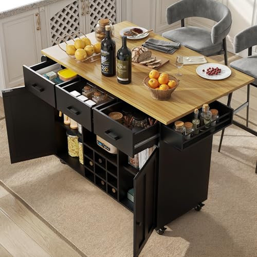 IHO SOFA Armadietto da cucina con piano di lavoro (124 x 40 x 91,5 cm), carrello da cucina con ruote, indipendente con 3 cassetti e mensole per vino e spezie, per esterni, nero